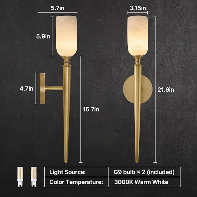 Vintage Alabaster Brass Wall Sconce: Set of 2 Antique Spanish Natural Marble Modern Vanity Wall Lights - 21.6" Long Linear Brushed Gold Sconces - Indoor Sconce for Bathroom Hallway Bedroom Living Room