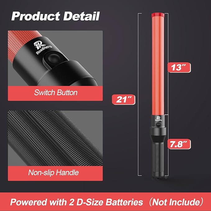 RoadHero 10 Pack Traffic Wand, 21 Inch Led Traffic Control Baton, Night Safety Light Wands with 3 Flashing Modes, Air Marshaling Signal Wand Plus White LED on Tip for Airport, Parking, Car Directing