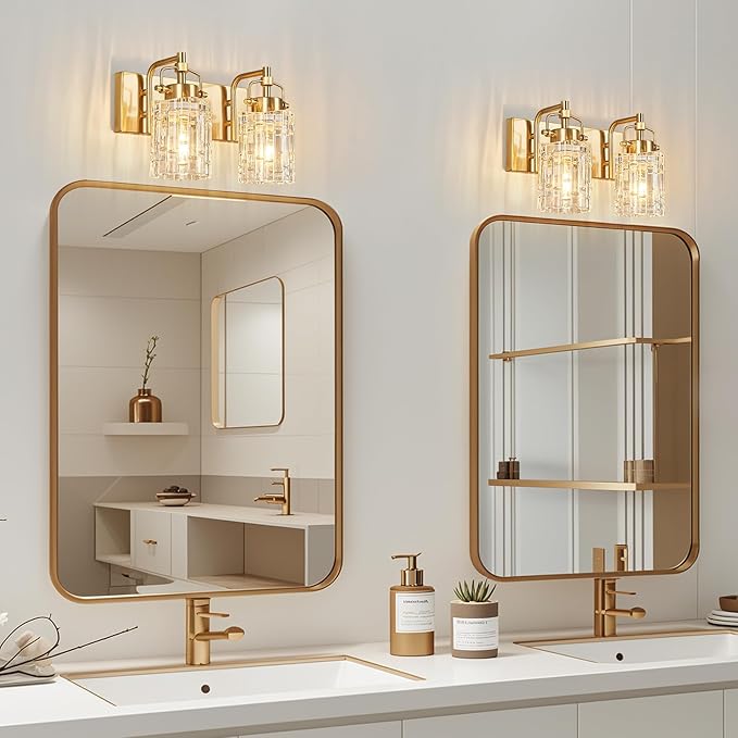 Modern Vanity Light with Crystal Glass Shade - 2-Light Gold Bathroom Light Fixtures Over Mirror