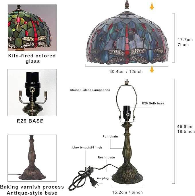 Stained Glass Table Lamp,12x12x19 Inch Antique Table Lamp for Tiffany Style Bedroom、Living Room、Home、Office Decor Lamp(Red Dragonfly)