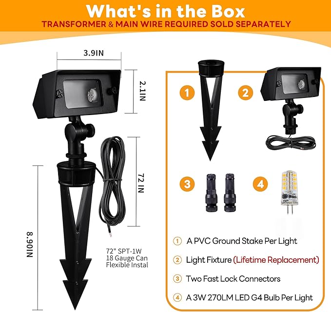 Gardenreet Low Voltage LED Flood Lights - Brass 12V Wall Wash Lights, Landscape Hardwired IP65 Waterproof, Wide Beam Black for Yard Tree Wall with 3000K Soft White 3W 270LM G4 Bulb 4 Pack