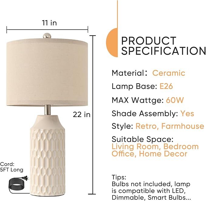 22IN Modern Ceramic Table Lamp Set of 2 White Lamps for Living Room Tall Bedroom Lamp Set Bedside Nightstand Lamps Set of Two Farmhouse Rustic Side Table Lamps for End Table Beige Desk Lamps