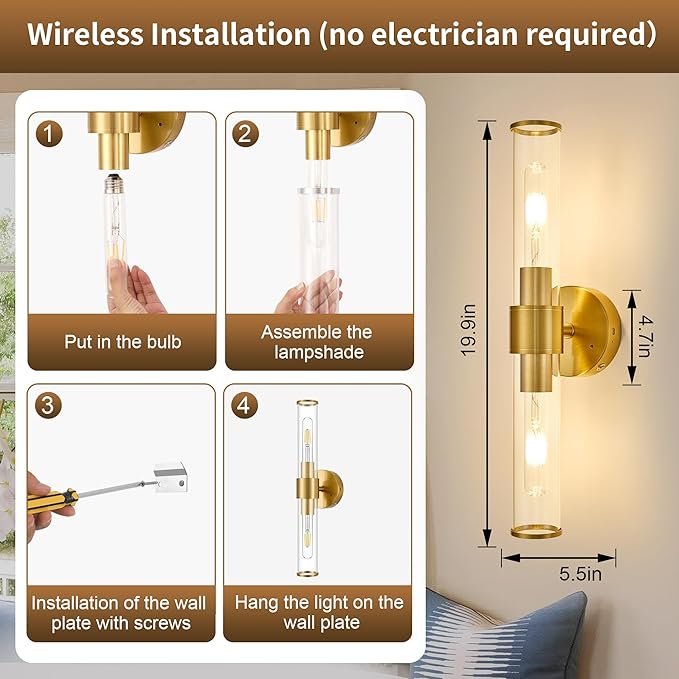 Gold Battery Operated Wall Sconces Set of 2, Rechargeable Wall Lights with Remote Control, 20 Inch Modern Wireless Wall Lamp for Bedroom, Living Room with Clear Glass Shade (Bulbs Included)