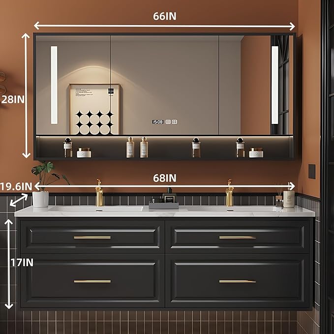 68IN Black Bathroom Vanity with Double Sinks - Hanging Cream Bathroom Vanities, Wall-Mounted 0pen Storage with 2 Drawers, Intelligent Defogging & Led Lighting | Integrated Washing Basin