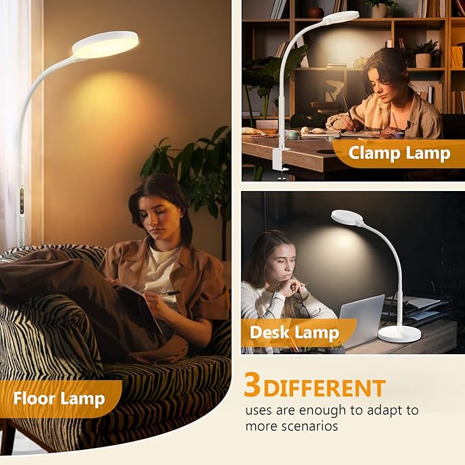 Light Therapy Lamp, 3 in 1 Therapy Floor Lighting, 11000 Lux Full Spectrum Therapy Lamps, UV-Free LED Sunlight, 10 Brightness/5 Color/Gooseneck/Height Adjustable Timer Control, White
