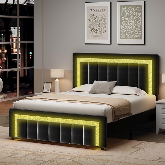 HOMBCK Full Size Bed Frame with LED Lights and Velvet Upholstered Headboard, Bed Frame Full with Modern Diamond Headboard Adjustable, Wooden Slats Support, Noise Free, No Box Spring Needed, Black