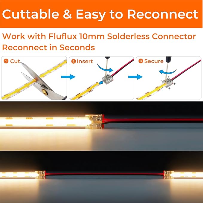 COB LED Strip Lights 3500K, 24V Diffused Tape Light with Strong 3M VHB Adhesive, CRI 95, UL Listed, Cuttable, Flexible, Dimmable, 5W/FT for Cabinet, Stair, Accent (Power Supply Not Included)