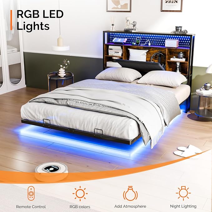 VINGLI Full Size Floating Bed Frame with Headboard, LED Lights & Charging Station, Cozy Velvet Upholstered Headboard, Hidden Storage, Heavy Duty Metal Frame, No Box Spring Needed, Easy Assembly, Black