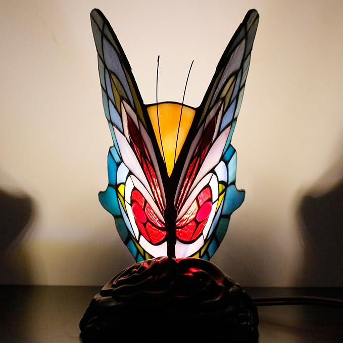Small Tiffany Table lamp Stained Glass Butterfly Desk Lamp 7X5X9.8 Inch Accent Antique Light (Blue Red Butterfly)