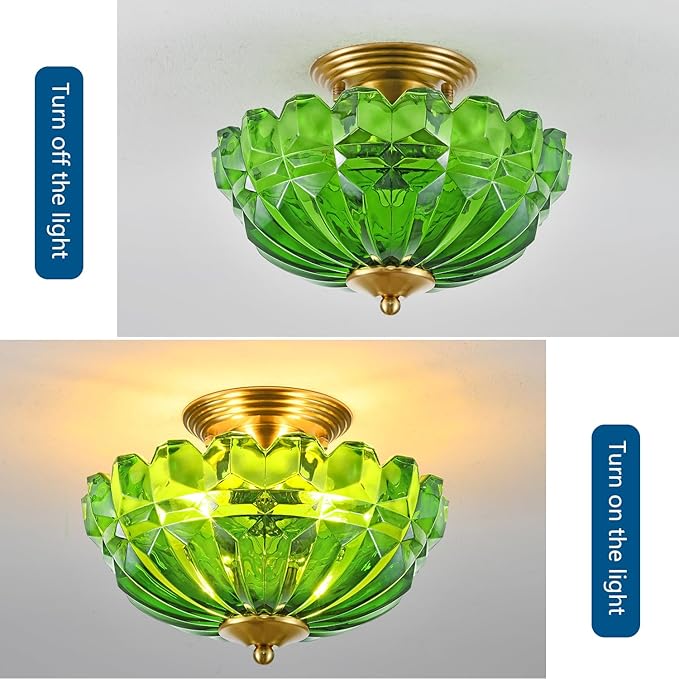 Semi Flush Mount Ceiling Light, 3-Light Kitchen Ceiling Lighting Fixtures with Green Glass Lampshade, Gold Modern Chandelier for Living Room Bedroom Hallway