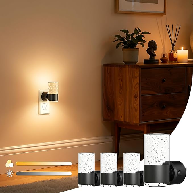VOLISUN LED Night Lights Plug into Wall, Dimmable Night Light 3 CCT & 5 Brightness Levels, Acrylic Bubble Nightlight with Dusk to Dawn Sensor for Hallway, Bathroom, Stair, Nursery Black 4 Pack
