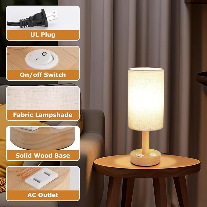 Small Bedside Table Lamp with AC Outlet, Natural Wood Base & Linen Shade, Mini Cute Cozy Warm White Nightstand Boho Lamp, Study Desk Night Stand Light for Bedroom, Kitchen, Nursery, Living Room