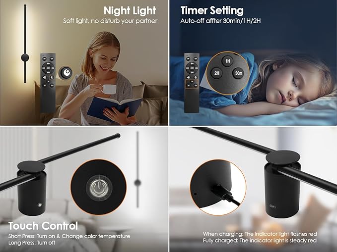 23.6 Inch Battery Operated Wall Sconce, 12000mAh Rechargeable Wall Sconce with Remote Control, Dimmable LED Wireless Wall Light for Bedroom, Living Room, 15 Colors, 180° Rotate, Black, 1 Pack