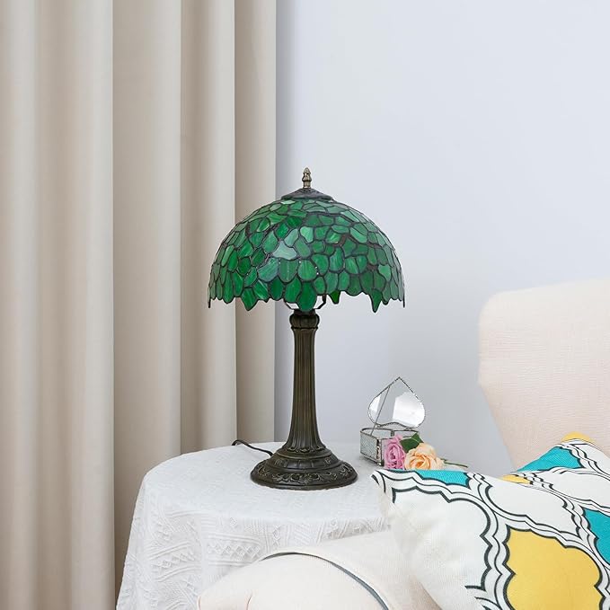 Tiffany Lamp - Green Leaf Stained Glass Table Lamp 12x12x18 Inches - Green Leaf Style Desk Reading Light - Bedroom & Living Room Decor