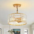 Modern Crystal Gold Chandelier for Dining Room,11.7 inch Semi Flush Mount Ceiling Dining Room Light Fixture with E12 Base*3,Round Pendant Lighting for Bedroom Hallway Bathroom Foyer Kitchen