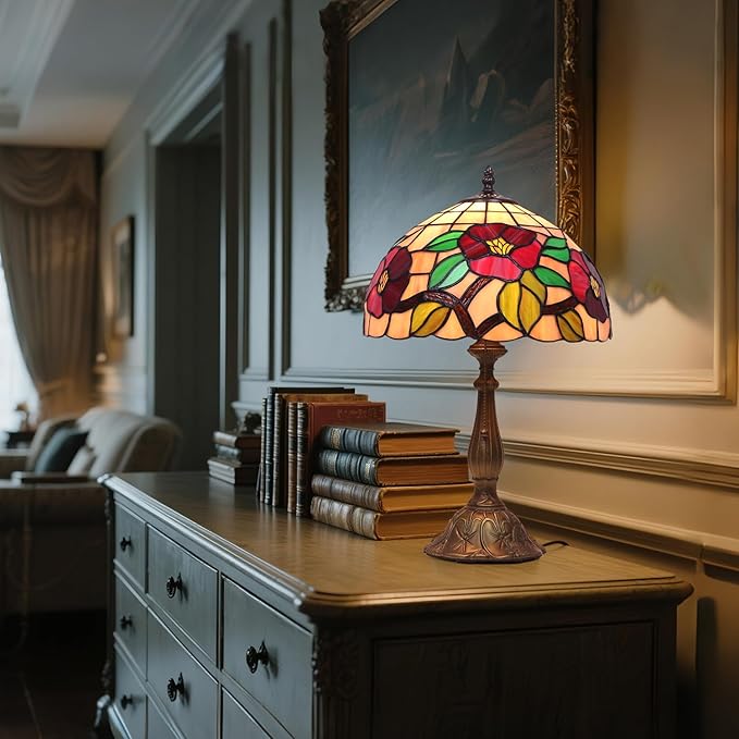 Stained Glass Lamp,12 Inch Vintage Art Glass Table Lamp,Antique Decor Lamp for Bedroom,Living Room,Home Office (Flower)