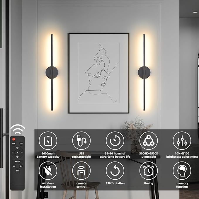 Wall Sconces Battery Operated Set of 2, Black LED Wireless Wall Sconce with Remote Control 350° Rotating, 27.6 Inch Dimmable USB Rechargeable Wall Lights for Living Room Bedroom Hallway