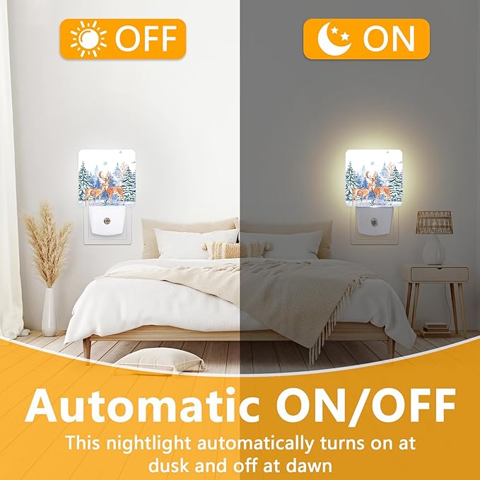 Vintage Deer Forest Night Light, Plug-into Winter Animals Nightlight White LED Lamp, Energy Efficient Decor Desk Lamp for Bedroom Hallway Stairs Bathroom