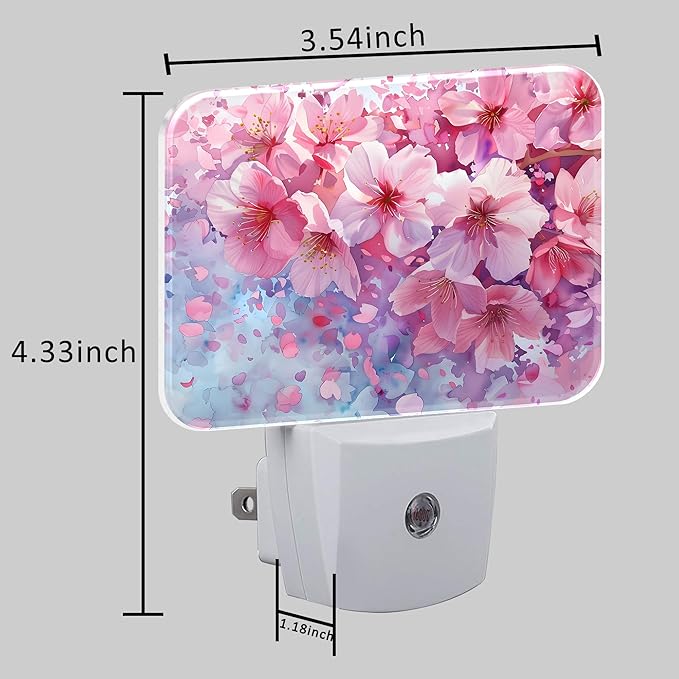 Watercolor Cherry Blossom Night Light Cherry Blossom Nightlight Plug into Wall with Dusk to Dawn Sensor for Kid Girls Boys Women Men Room, Hallway, Kitchen, Bathroom, Stairs Decor