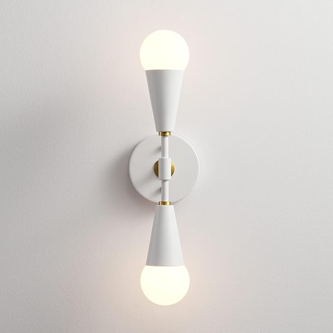 BRIGHTTIA Vicky 2 Light Cone Socket Wall Sconce - Mid Century Modern Fixture for Wall & Ceiling - Minimalist Edison Lamp for Hallway and Bathroom Vanity - White & Gold (BW0027-2WG)