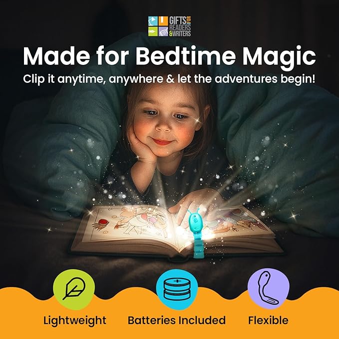Gifts for Readers & Writers Bookmark Reading Light Bookworm Teal - 2in1 Clip On Bookmark Kids Book Light for Reading Night in Bed, Travel Cute Book Lights, Flexible 8 Lumen LED Lights for Books