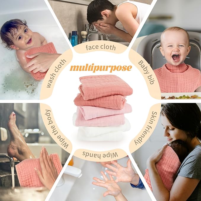 Baby Burp Cloth 100% Cotton Newborn Cotton Muslin Burp Cloth 10x20 inches (White & Pink 6 Pieces)