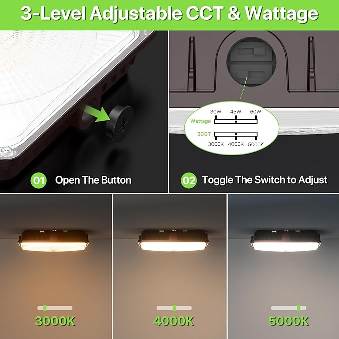 Glitgate LED Canopy Light Outdoor - 30W/45W/60W Adjustable Commercial Canopy Lights, 3CCT Selectable 3000K/4000K/5000K, 110/120V IP65 Waterproof Ceiling Mount Light for Garage, Carport, Gas Station