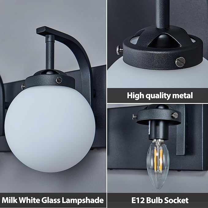3 Lights Bathroom Vanity Light Fixtures Modern Sand Black Vanity Light with Milk White Glass Globe Shade Bathroom Lighting Over Mirror Wall Sconce for Bedroom Living Room Hallway