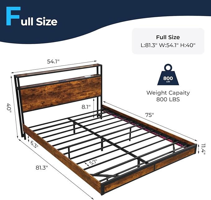 BedsPick Full Size Bed Frame with 2-Tier Storage Headboard, Sturdy Metal Platform Bed Frame with Charging Station & LED Lights, Noise-Free/Metal Support/No Box Spring Needed, Rustic Brown