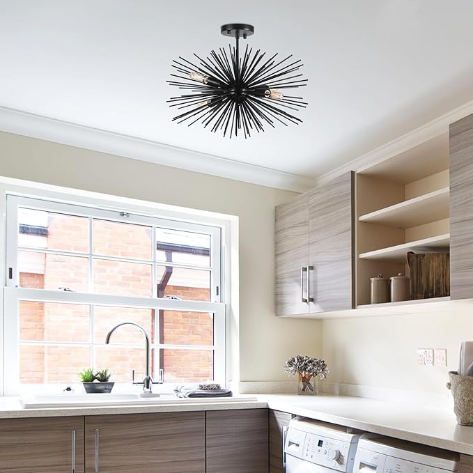 20" Vintage Black Sputnik Light Fixture 4-Lights Starburst Sputnik Black Chandelier Modern Solid Metal Semi Flush Mount Ceiling Light for Bedroom, Kitchen, Hallway, Laundry Room, E12