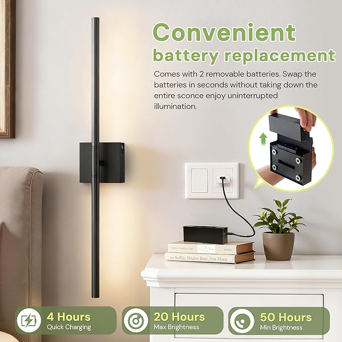 L LOHAS LED Peel and Stick on Battery Operated Wall Sconces Set of 2, Magnetic Linear Wall Sconce Easy Install witg Removable Battery, No Drill, Sconces Wall Decor Set of for Livingroom, Black 27.7in