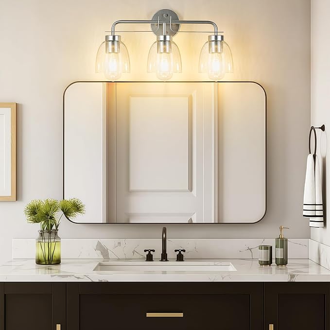 21 Inch Vanity Lights, 3-Light Silver Vintage Industrial Bathroom Light Fixtures with Bubble Glass Shade, Wall Sconce for Bathroom Mirror, Bedroom, Hallway