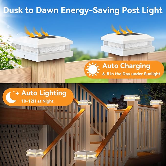 Solar Post Cap Lights Outdoor 16 Packs for 4x4 4.5x4.5 5x5 Vinyl/Wooden Posts, Waterproof Solar Powered Fence Cap Light with Warm/Cool Lighting, White 16LEDs Deck Caps Lights for Yard, Garden, Patio