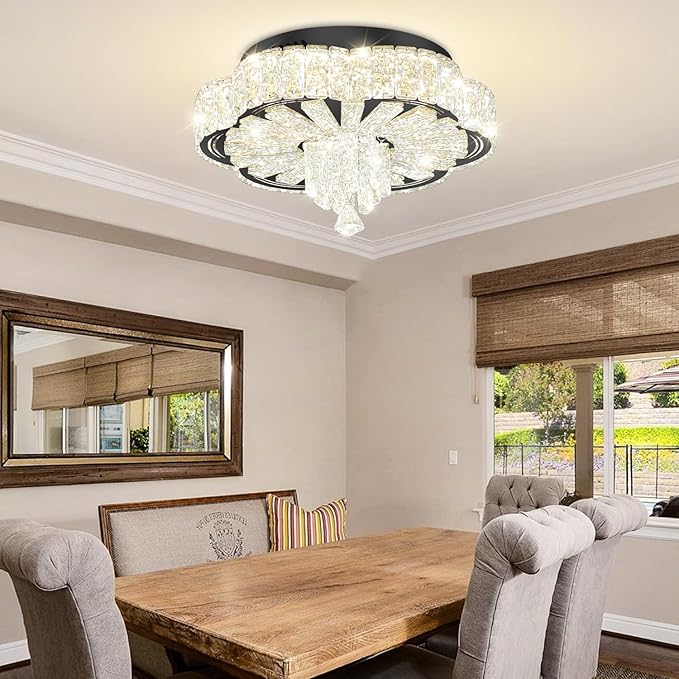 Modern Empire Crystal Chandelier Black 16inches Crystal Raindrop Ceiling Light for Living Room Bedroom LED Infinity Dimmable 3000-6000K