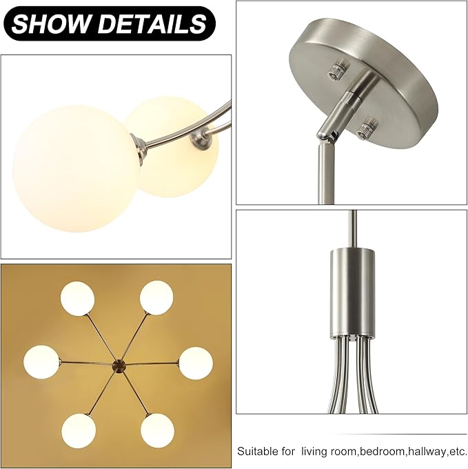 6-Light Brushed Nickel Chandelier, Modern Dining Room Light Fixture Hanging, Sputnik Chandelier for Living Room Kitchen Island Bedroom Entryway, Milk White Globe Glass Shade