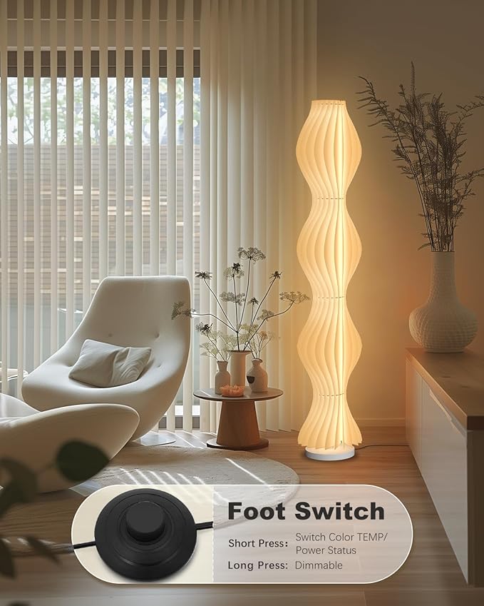 TACAHE Pleated Lampshade Floor Lamp - 3 Color Temp & Dimmable - Column Standing Floor Lamp with Foot Switch & Remote - Nordic Style Ambient Light for Living Room, Bedroom - 30W - 66"