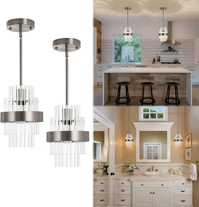 Modern Glass Pendant Light 7 Inch Brushed Nickel Island Light 2 Pack Ceiling Chandelier of Farmhouse Suitable for Pendant Lights Above Foyer, Hallway, Dining Table, and Washbasin