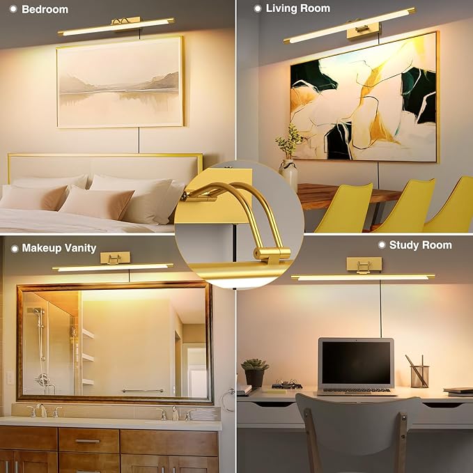 Plug in Picture Light for Wall Mural Art Light with On/Off Switch, 3000K Warm White Brightness Adjustable Gallery Painting Lights for Picture Display Dartboard Art Work (Brush Gold, 24inch)