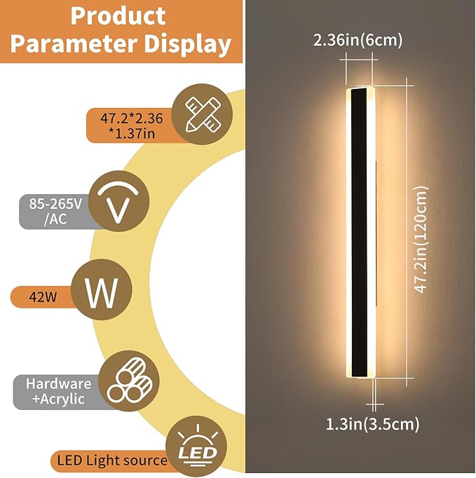 47inch Outdoor Wall Sconces, Dimmable 3000K-6000K Exterior Long Wall Lights, IP65 Waterproof, Modern Wall Mounted Light Fixture for Patio, Garage, Porch, Yard with Remote Control
