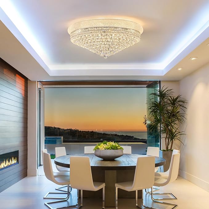 18 - Light Crystal Flush Mount Chandelier Ceiling Light Fixture for Living Room Dining Room Entryway Foyer Chrome Finish