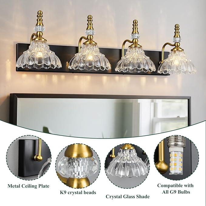 Vintage Bathroom Vanity Light, 4-Light Black Gold Vanity Lighting Fixture with Flower Glass Shade, Bathroom Lighting Fixtures Over Mirror