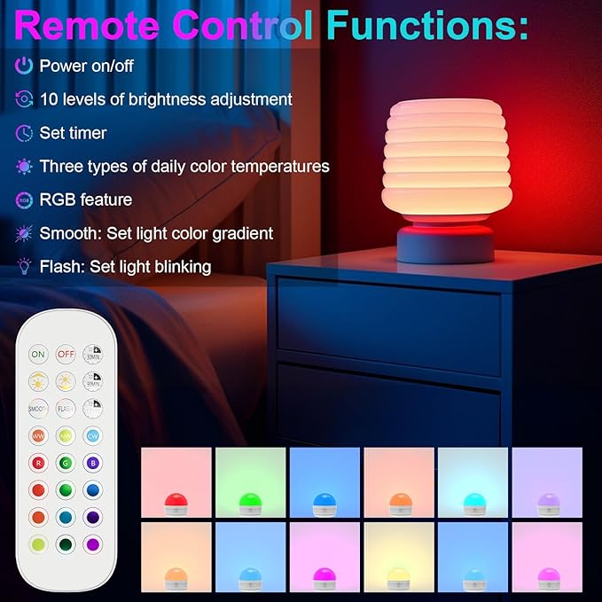 2Packs E26 Rechargeable Light Bulbs with Remote, 6W 450lm Battery Operated Magnetic Light Bulbs 2500mAh, 15 RGB Color, Timer, Dimmer for Non-Hardwired Lamp