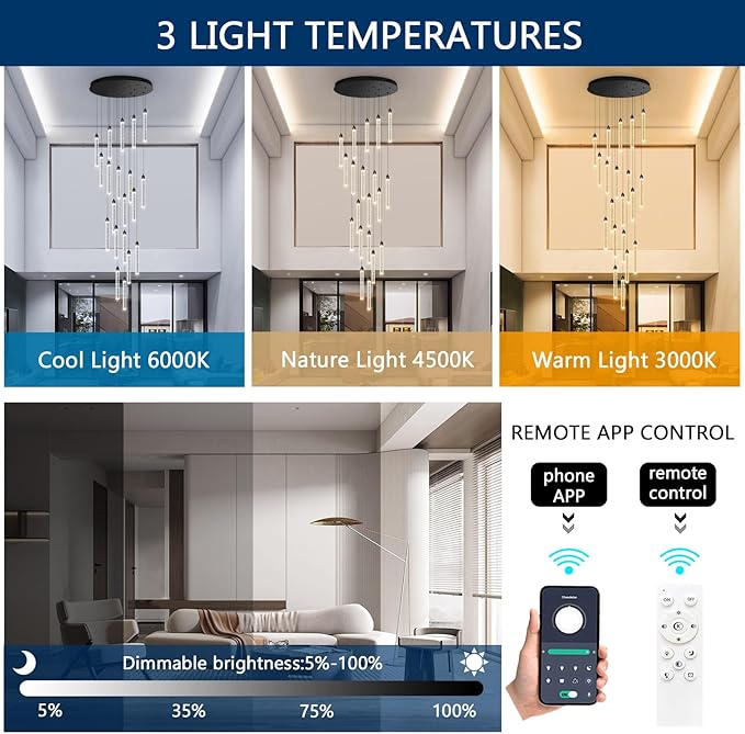 20-Lights Chandelier LED Dimmable Chandeliers for Entryway Flush Mount Ceiling Pendant Light Fixture Crystal Chandeliers for Living Room Black Finished Lighting Modern 156in High Ceiling Chandelier