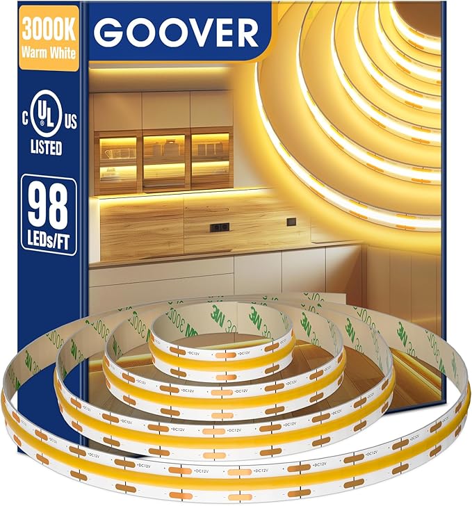 GOOVER COB LED Strip Lights 16.4ft, 3000K Warm White DC 12V Dimmable Tape Light, Ra 95+,150+LM/FT, 2.2W/ft, 1600 LEDs, UL Listed for Cabinets,Bedroom(Power Supply Sold Separately)