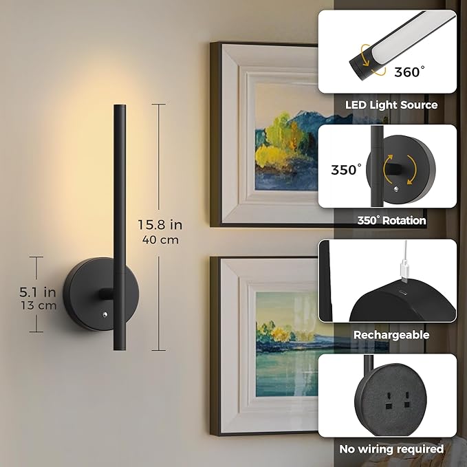L LOHAS LED Battery Operated Wall Sconces & Table Lamp Set of 2, 10000mAh Rechargeable Battery Wall Light with App Control, 3CCT Dimmable & DIY RGB, No Wiring Modern Sconce Wall Decor, Black