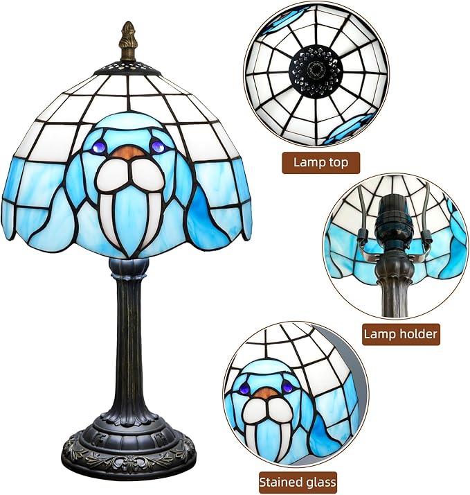 Tiffany Table Lamp Walrus Blue Stained Glass Bedside Lamp Antique Unique Cute Accent Nightstand Light for Home Living Room Office Dormitory Bar Decorate