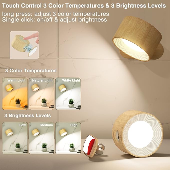 Koopala LED Sconces, Wall Mounted Lamps with Rechargeable Battery Operated USB Port 3 Color Temperatures & 3 Brightness Levels 360°Rotate Magnetic Ball, Cordless Lights for Reading Bedside