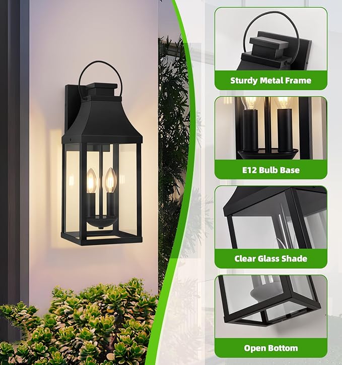 tewei 20'' Outdoor Wall Light, Porch Light Outdoor Wall Sconce Lantern, 2-Light Modern Black Exterior Lighting Fixture Wall Mount, Outside Light for House Garage, 1-Pack