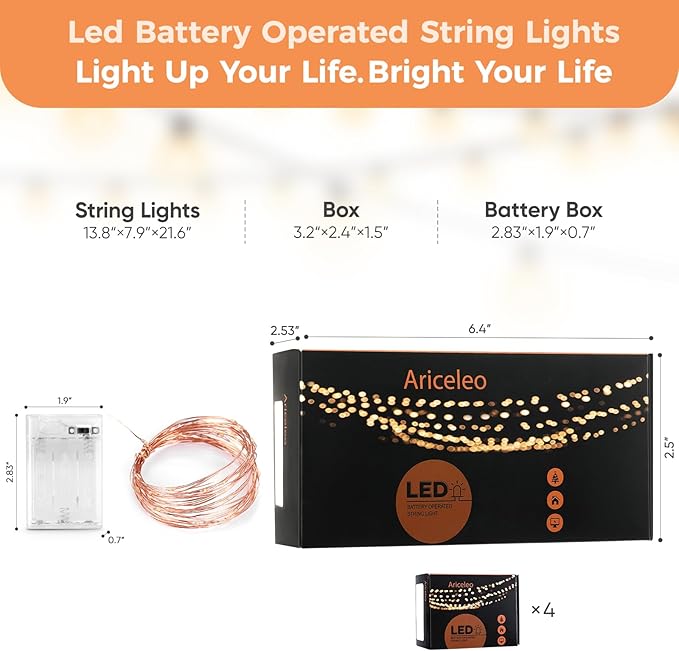 4 Pack 16.4ft Battery Operated String Lights with Timer, Green with Synchronized Twinkle Mode, Fairy Lights Battery Powered, 50 LEDs, Idea for Christmas Bedroom Party Wedding