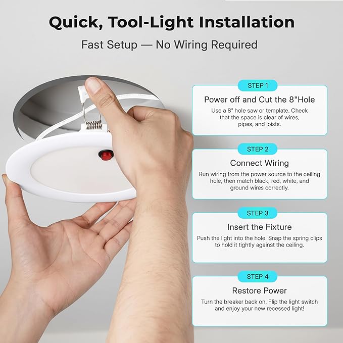 LED & Lighting Solutions 8" Dimmable Ultra Slim, Battery Powered recessed Lights, 18W 1450 Lumens, 80 CRI Selectable 2700K-6000K, 8 Inch Ceiling Light w/ 90 Min Battery Backup, ETL/IC/Damp Rated.